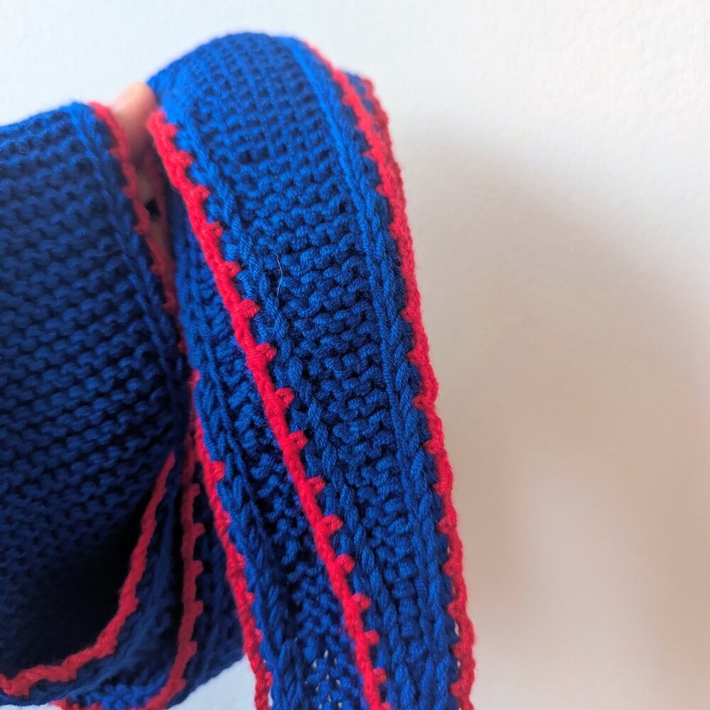 Handmade PetiteKnit Sophie Skinny Scarf Crimson & Cobalt Blue | Scandi Cool Girl - Picture 7 of 15